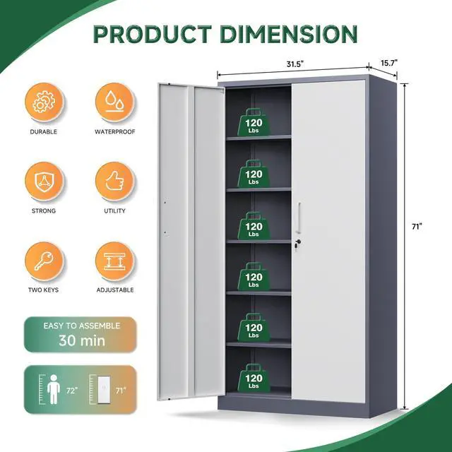 Alt view image 3 of 7 - Metal Storage Cabinet with Lock Door, 71" Adjustable Shelf Steel Lockers for Office, Home,School,Garage Utility Tool Cabinet (2 Door-White&Gray)