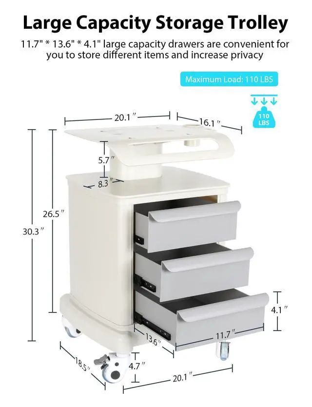Alt view image 2 of 7 - Medical Cart 4-Tier Mobile Ultrasound Cart Beauty Salon Storage Trolley | 110Lbs Load, ABS Material, Medical Rolling Carts with Wheels and Drawers, For Lab Hospital Office Bedroom Dental Clinic