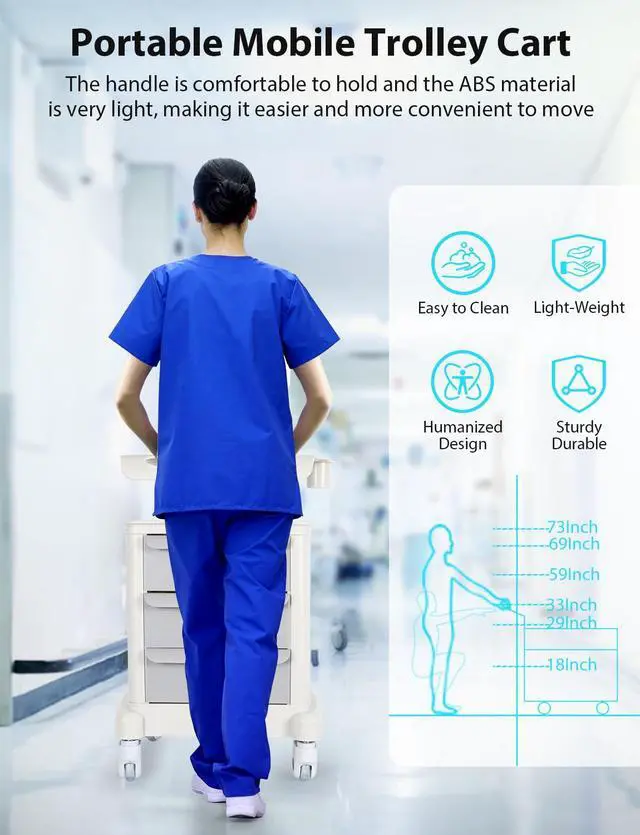 Alt view image 3 of 7 - Medical Cart 4-Tier Mobile Ultrasound Cart Beauty Salon Storage Trolley | 110Lbs Load, ABS Material, Medical Rolling Carts with Wheels and Drawers, For Lab Hospital Office Bedroom Dental Clinic
