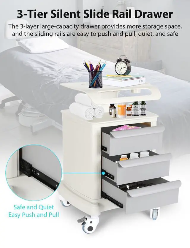Alt view image 6 of 7 - Medical Cart 4-Tier Mobile Ultrasound Cart Beauty Salon Storage Trolley | 110Lbs Load, ABS Material, Medical Rolling Carts with Wheels and Drawers, For Lab Hospital Office Bedroom Dental Clinic