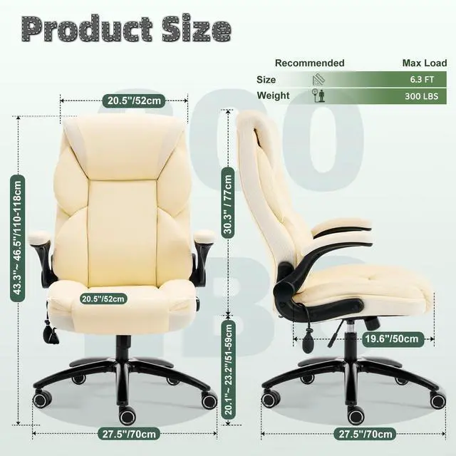 Alt view image 3 of 7 - Executive Office Chair - Adjustable Inflatable Lumbar Support, Flip Up Arms, Heavy Duty Metal Base, Breathable PU Leather Ergonomic High Back Computer Chair Desk Chair, Thick Padded | Cream
