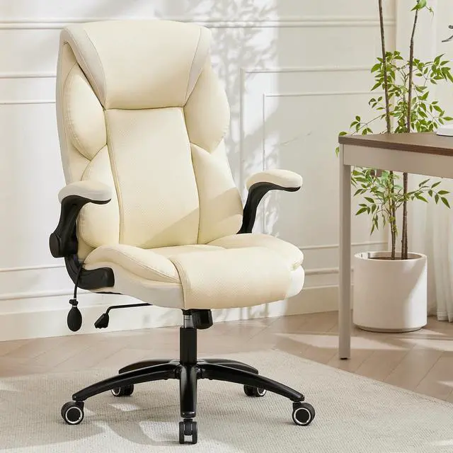 Alt view image 2 of 7 - Executive Office Chair - Adjustable Inflatable Lumbar Support, Flip Up Arms, Heavy Duty Metal Base, Breathable PU Leather Ergonomic High Back Computer Chair Desk Chair, Thick Padded | Cream