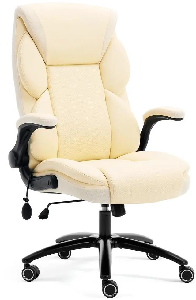 Main image of Executive Office Chair - Adjustable Inflatable Lumbar Support, Flip Up Arms, Heavy Duty Metal Base, Breathable PU Leather Ergonomic High Back Computer Chair Desk Chair, Thick Padded | Cream