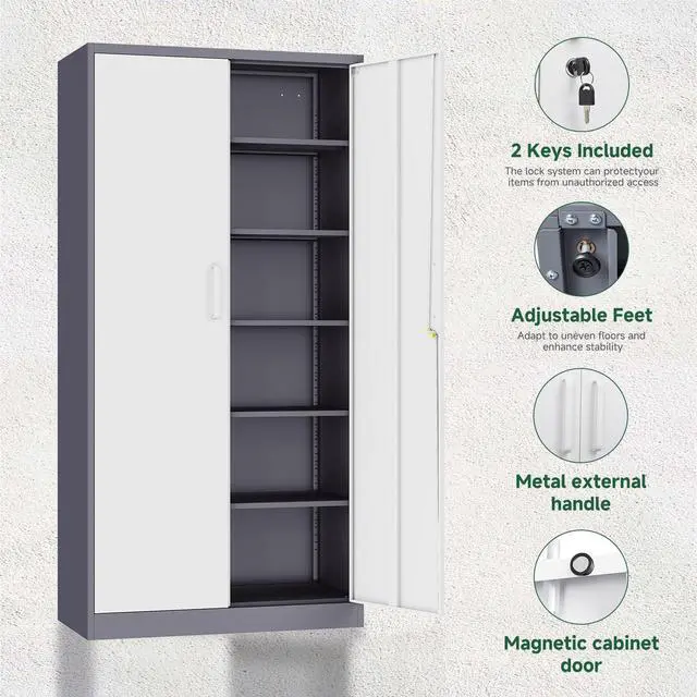 Alt view image 5 of 7 - Metal Storage Cabinet with Lock Door, 71" Adjustable Shelf Steel Lockers for Office, Home,School,Garage Utility Tool Cabinet (2 Door-White&Gray)