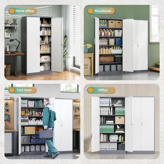 Alt view image 6 of 7 - Metal Storage Cabinet with Lock Door, 71" Adjustable Shelf Steel Lockers for Office, Home,School,Garage Utility Tool Cabinet (2 Door-White&Gray)