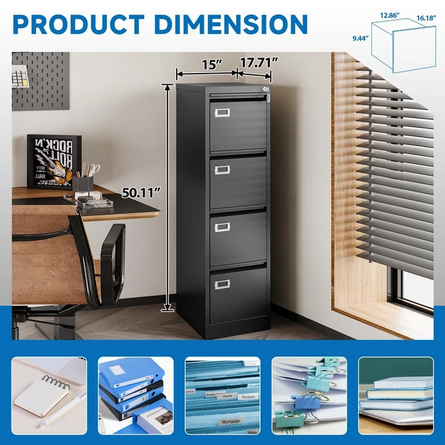 Alt view image 4 of 7 - 4 Drawer File Cabinet with Lock Metal Vertical File Cabinet Office Home Vertical File Cabinet for A4 Legal/Letter Size Narrow File Cabinet Locked,Assembly Required