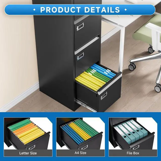 Alt view image 5 of 7 - 4 Drawer File Cabinet with Lock Metal Vertical File Cabinet Office Home Vertical File Cabinet for A4 Legal/Letter Size Narrow File Cabinet Locked,Assembly Required
