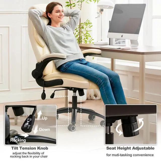 Alt view image 5 of 7 - Executive Office Chair - Adjustable Inflatable Lumbar Support, Flip Up Arms, Heavy Duty Metal Base, Breathable PU Leather Ergonomic High Back Computer Chair Desk Chair, Thick Padded | Cream