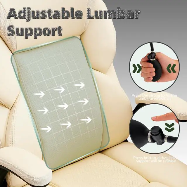 Alt view image 6 of 7 - Executive Office Chair - Adjustable Inflatable Lumbar Support, Flip Up Arms, Heavy Duty Metal Base, Breathable PU Leather Ergonomic High Back Computer Chair Desk Chair, Thick Padded | Cream