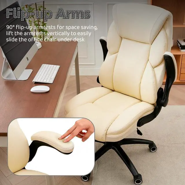 Alt view image 7 of 7 - Executive Office Chair - Adjustable Inflatable Lumbar Support, Flip Up Arms, Heavy Duty Metal Base, Breathable PU Leather Ergonomic High Back Computer Chair Desk Chair, Thick Padded | Cream