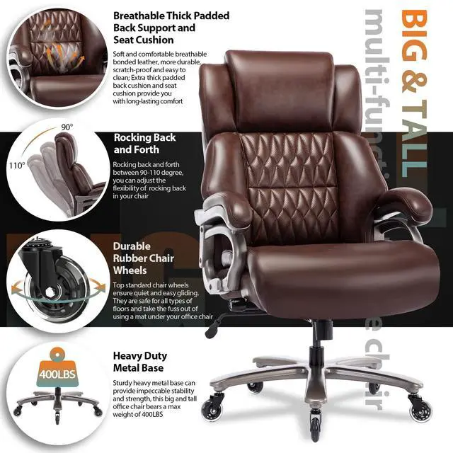 Alt view image 4 of 7 - Big and Tall Office Chair, High Back Large Executive Computer Desk Chair | Adjustable Lumbar Support, Quiet Rubber Wheels, Heavy Duty Metal Base, Ergonomic Design, Large Office Chair, 400lbs