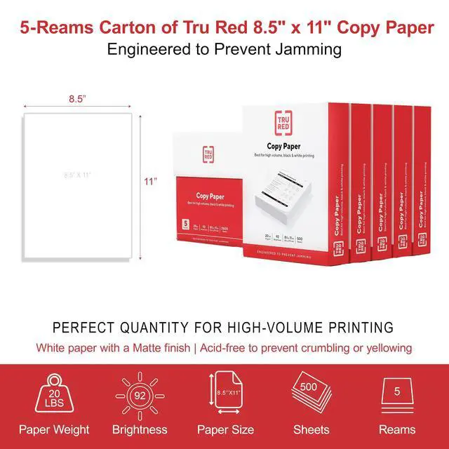 Alt view image 7 of 7 - TRU RED Copy Paper, 8.5x11 Inch, 92 Brightness, 20 lb., 500 Sheets/Ream | Matte finish white paper for everyday printing, copying, and office documents
