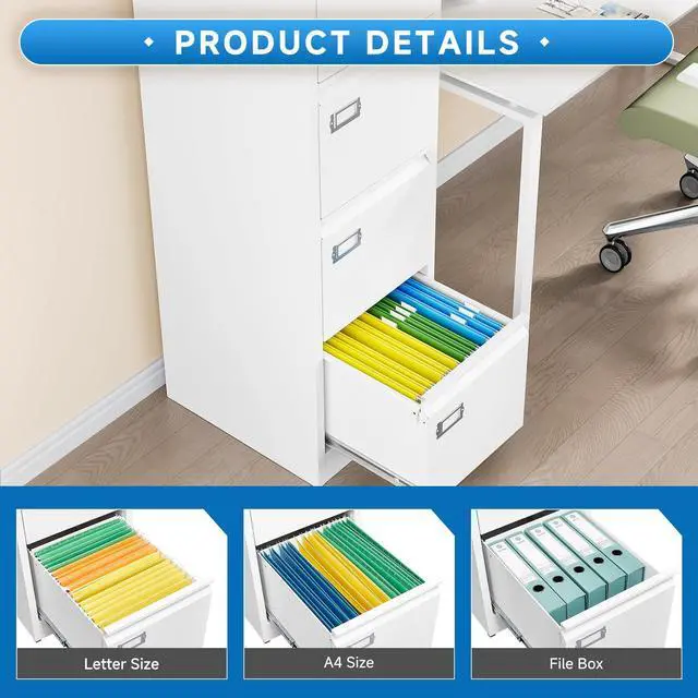 Alt view image 6 of 7 - 4 Drawer File Cabinet with Lock Metal Vertical File Storage Cabinet Office Home Steel Vertical File Cabinet for A4 Legal/Letter Size Narrow File Cabinet Locked,Assembly Required