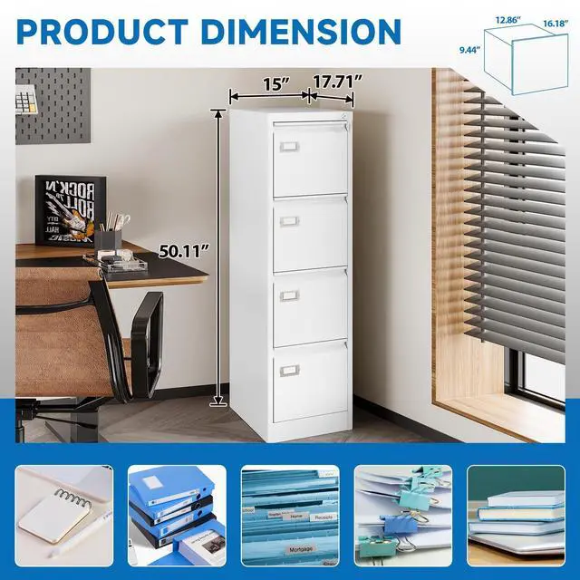 Alt view image 5 of 7 - 4 Drawer File Cabinet with Lock Metal Vertical File Storage Cabinet Office Home Steel Vertical File Cabinet for A4 Legal/Letter Size Narrow File Cabinet Locked,Assembly Required
