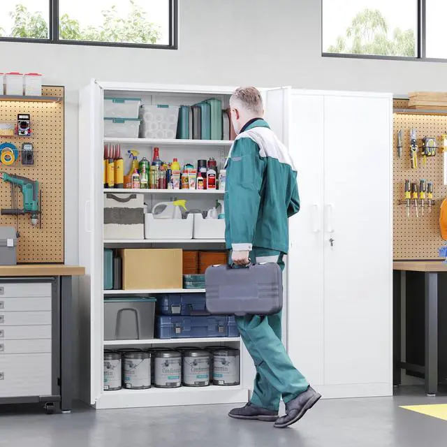 Alt view image 2 of 7 - Metal Storage Cabinets with Lock Door,Steel Locker Garage Cabinets 5 Adjustable Shelves for Home,Office, Warehouse(White)