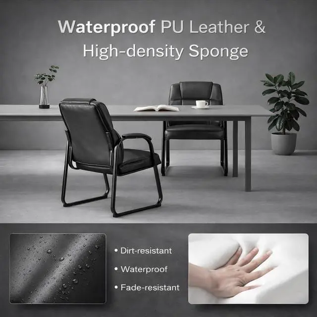 Alt view image 4 of 7 - Office Guest Chairs, Leather, Sled Base, Set of 4 | Waiting rooms, reception areas, conference rooms, ergonomic support, padded armrests, no wheels, clinics, home office