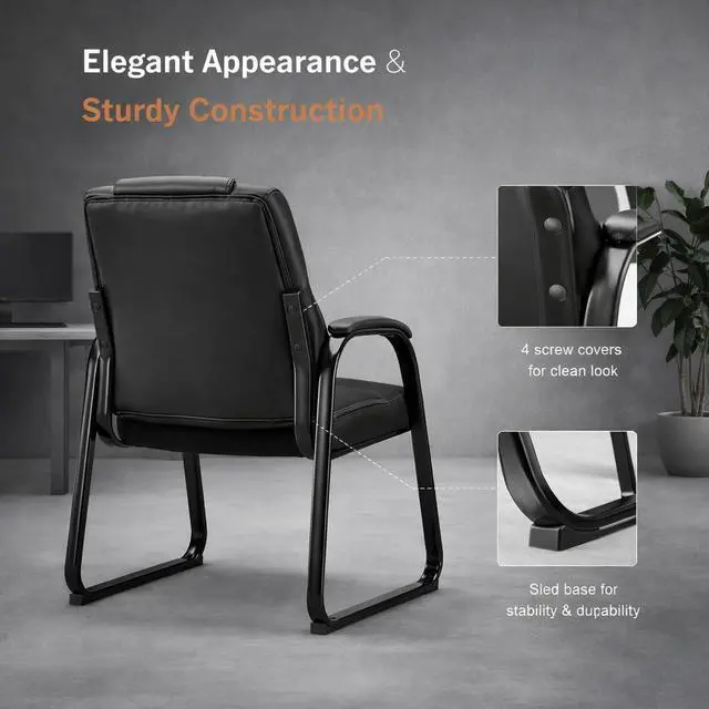 Alt view image 5 of 7 - Office Guest Chairs, Leather, Sled Base, Set of 4 | Waiting rooms, reception areas, conference rooms, ergonomic support, padded armrests, no wheels, clinics, home office