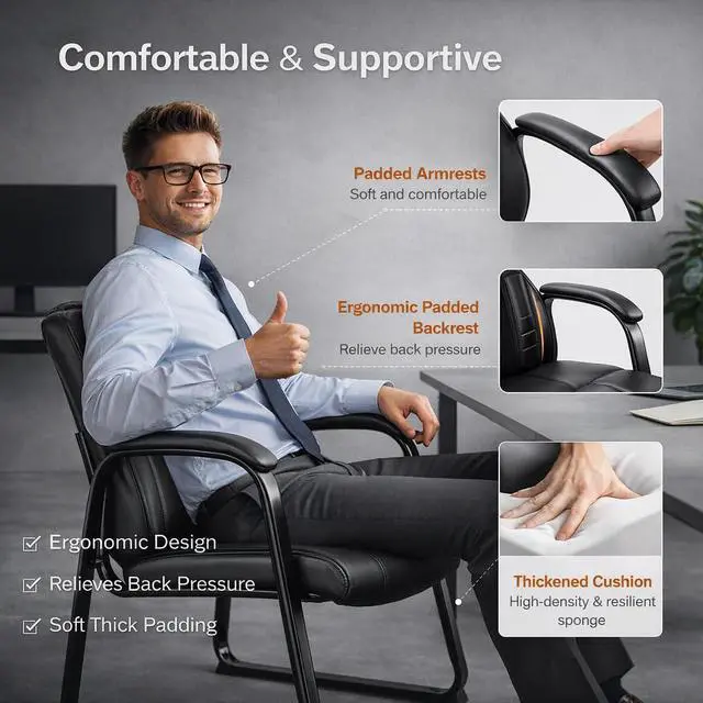 Alt view image 6 of 7 - Office Guest Chairs, Leather, Sled Base, Set of 4 | Waiting rooms, reception areas, conference rooms, ergonomic support, padded armrests, no wheels, clinics, home office