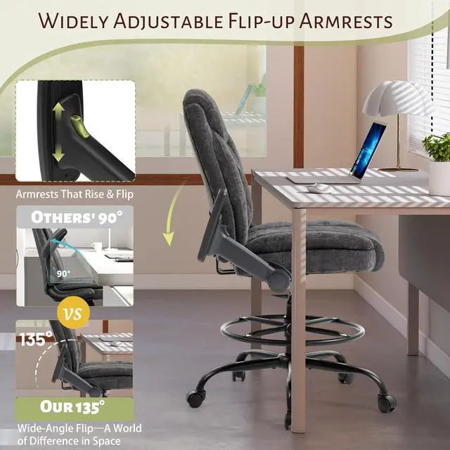 Alt view image 3 of 7 - Drafting Chair,Executive Tall Office Chair Flip-up Armrests for Counter Height Desk Drawing Use,High Task Chair with Adjustable Foot Ring &Inflatable Lumbar Support,Swivel Computer Stool, Fabric Black
