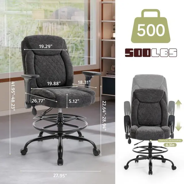 Alt view image 2 of 7 - Drafting Chair,Executive Tall Office Chair Flip-up Armrests for Counter Height Desk Drawing Use,High Task Chair with Adjustable Foot Ring &Inflatable Lumbar Support,Swivel Computer Stool, Fabric Black