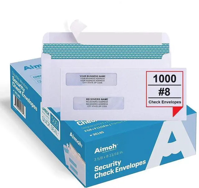 Main image of #8 Check Envelopes, Double Window Self-Seal Security Envelopes 1000ct | Double Window, Security Tint, Self-Seal Closure, 3-5/8 x 8-11/16 in, Business Check Compatible, 1000 Count (30180)