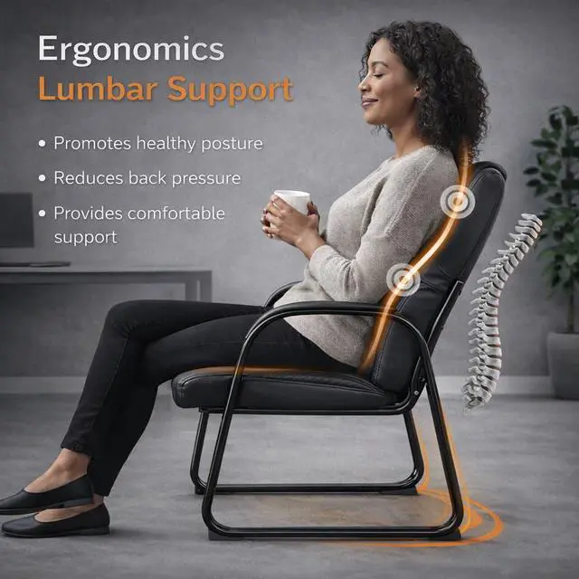Alt view image 7 of 7 - Office Guest Chairs, Leather, Sled Base, Set of 4 | Waiting rooms, reception areas, conference rooms, ergonomic support, padded armrests, no wheels, clinics, home office