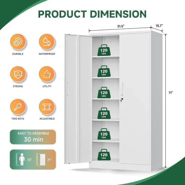 Alt view image 3 of 7 - Metal Storage Cabinets with Lock Door,Steel Locker Garage Cabinets 5 Adjustable Shelves for Home,Office, Warehouse(White)