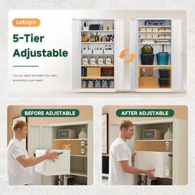 Alt view image 4 of 7 - Metal Storage Cabinets with Lock Door,Steel Locker Garage Cabinets 5 Adjustable Shelves for Home,Office, Warehouse(White)
