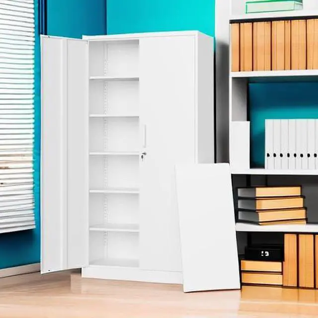 Alt view image 5 of 7 - Metal Storage Cabinets with Lock Door,Steel Locker Garage Cabinets 5 Adjustable Shelves for Home,Office, Warehouse(White)