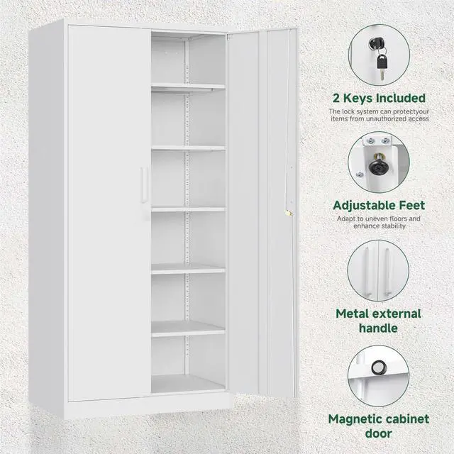 Alt view image 6 of 7 - Metal Storage Cabinets with Lock Door,Steel Locker Garage Cabinets 5 Adjustable Shelves for Home,Office, Warehouse(White)