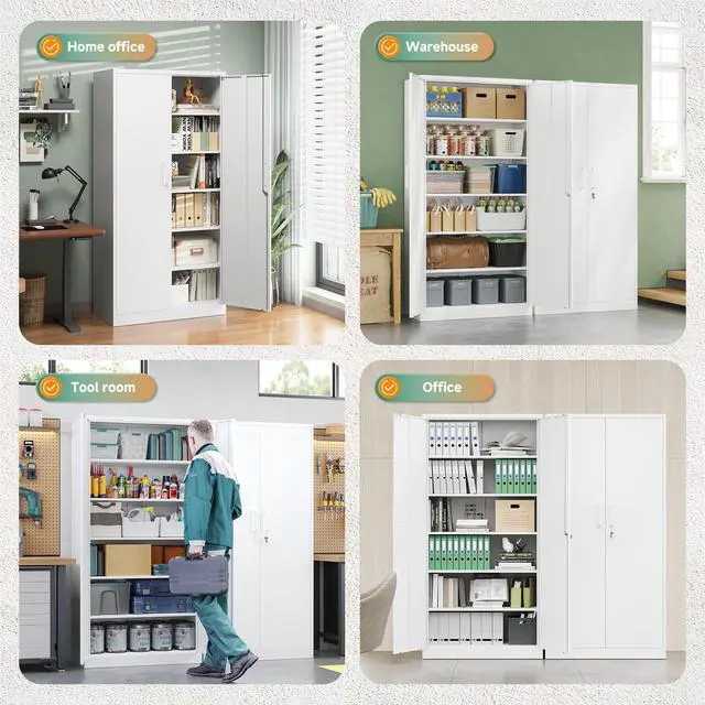 Alt view image 7 of 7 - Metal Storage Cabinets with Lock Door,Steel Locker Garage Cabinets 5 Adjustable Shelves for Home,Office, Warehouse(White)