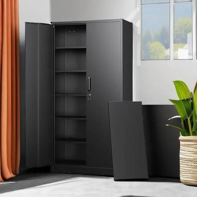 Alt view image 5 of 7 - Metal Storage Cabinets with Lock Doors,Tall Locker Organizer Steel Garage Cabinets, 5 Adjustable Layers Shelves for Home, Office, Warehouse,Tool,Industrial(Black)