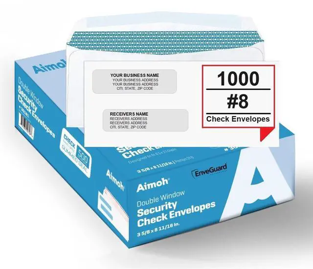 Main image of #8 Double Window Check Envelopes, Gummed Security Envelopes, 100 Ct | Security tint, Fits Business Checks, QuickBooks & Quicken, Gummed seal, 3 5/8 x 8 11/16 in, Not for invoices (30181)
