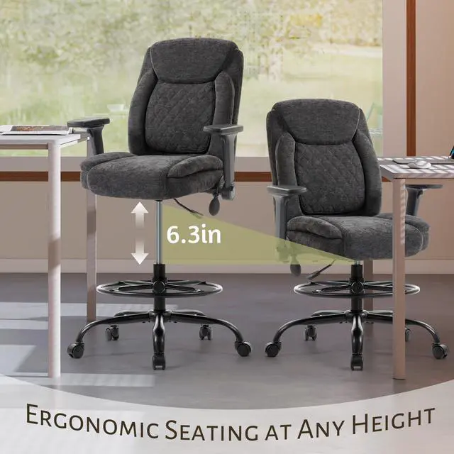 Alt view image 4 of 7 - Drafting Chair,Executive Tall Office Chair Flip-up Armrests for Counter Height Desk Drawing Use,High Task Chair with Adjustable Foot Ring &Inflatable Lumbar Support,Swivel Computer Stool, Fabric Black