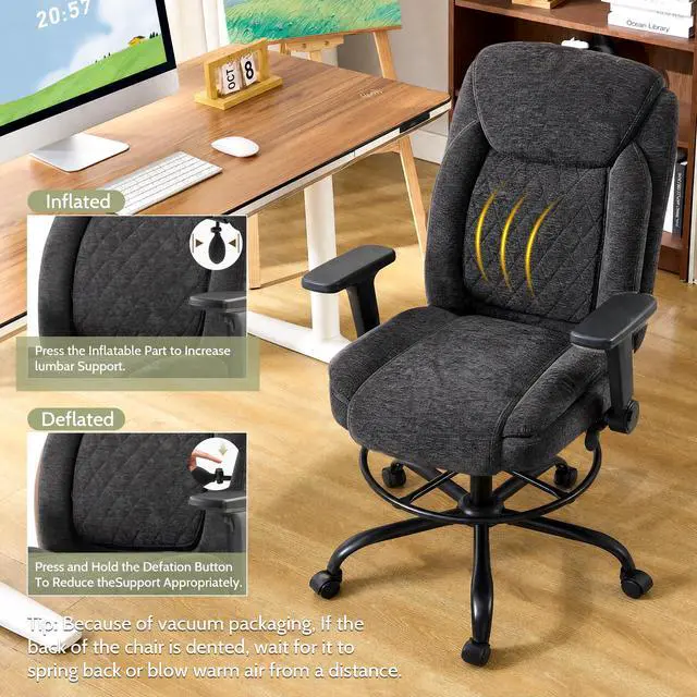Alt view image 7 of 7 - Drafting Chair,Executive Tall Office Chair Flip-up Armrests for Counter Height Desk Drawing Use,High Task Chair with Adjustable Foot Ring &Inflatable Lumbar Support,Swivel Computer Stool, Fabric Black