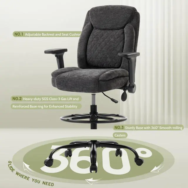 Alt view image 6 of 7 - Drafting Chair,Executive Tall Office Chair Flip-up Armrests for Counter Height Desk Drawing Use,High Task Chair with Adjustable Foot Ring &Inflatable Lumbar Support,Swivel Computer Stool, Fabric Black