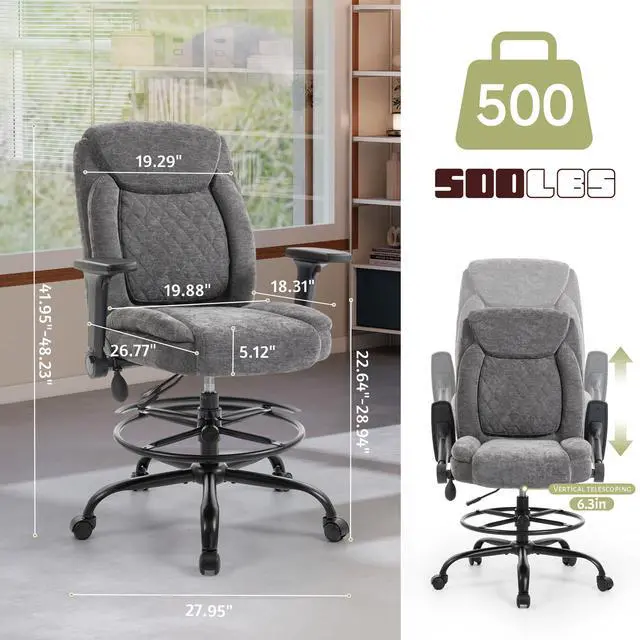 Alt view image 2 of 7 - Drafting Chair,Executive Tall Office Chair Flip-up Armrests for Counter Height Desk Drawing Use,High Task Chair with Adjustable Foot Ring &Inflatable Lumbar Support,Swivel Computer Stool, Fabric Grey