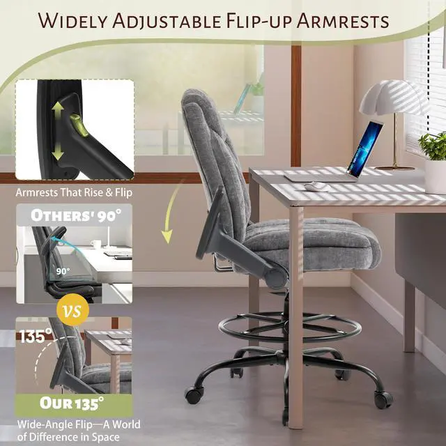 Alt view image 3 of 7 - Drafting Chair,Executive Tall Office Chair Flip-up Armrests for Counter Height Desk Drawing Use,High Task Chair with Adjustable Foot Ring &Inflatable Lumbar Support,Swivel Computer Stool, Fabric Grey