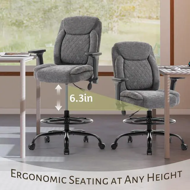 Alt view image 4 of 7 - Drafting Chair,Executive Tall Office Chair Flip-up Armrests for Counter Height Desk Drawing Use,High Task Chair with Adjustable Foot Ring &Inflatable Lumbar Support,Swivel Computer Stool, Fabric Grey