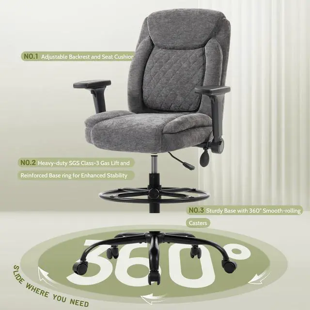 Alt view image 6 of 7 - Drafting Chair,Executive Tall Office Chair Flip-up Armrests for Counter Height Desk Drawing Use,High Task Chair with Adjustable Foot Ring &Inflatable Lumbar Support,Swivel Computer Stool, Fabric Grey