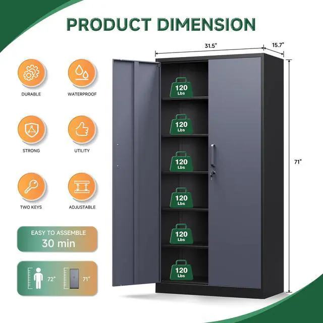 Alt view image 3 of 7 - Metal Storage Cabinets with Lock Door and 5 Adjustable Shelves, Steel Garage Tool Organization Cabinets for Home,Utility Room, Warehouse,Lockers(71"-Black Gray)