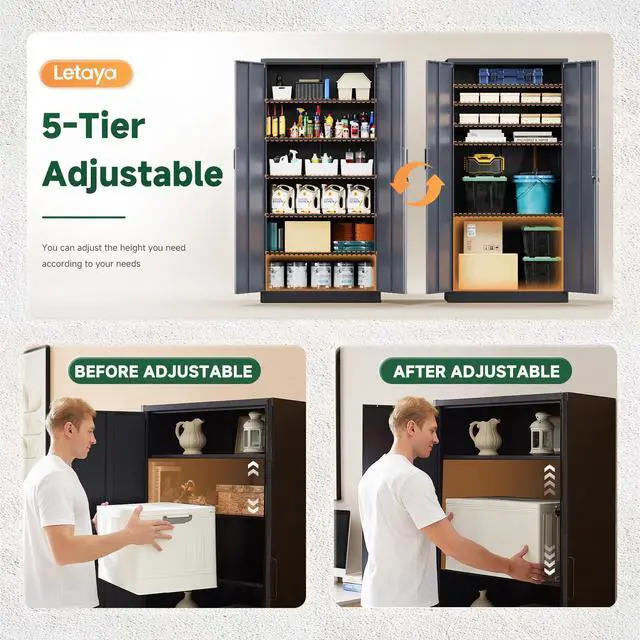 Alt view image 4 of 7 - Metal Storage Cabinets with Lock Door and 5 Adjustable Shelves, Steel Garage Tool Organization Cabinets for Home,Utility Room, Warehouse,Lockers(71"-Black Gray)