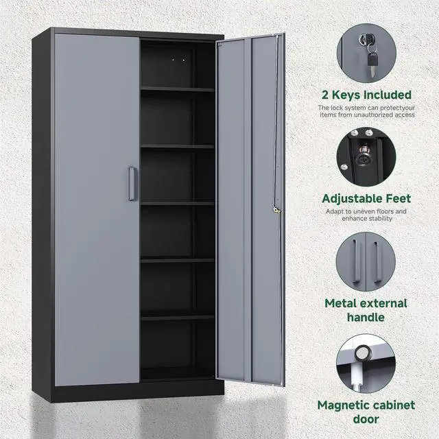 Alt view image 6 of 7 - Metal Storage Cabinets with Lock Door and 5 Adjustable Shelves, Steel Garage Tool Organization Cabinets for Home,Utility Room, Warehouse,Lockers(71"-Black Gray)