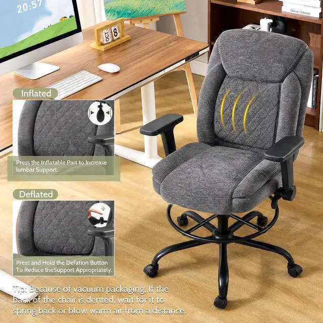 Alt view image 7 of 7 - Drafting Chair,Executive Tall Office Chair Flip-up Armrests for Counter Height Desk Drawing Use,High Task Chair with Adjustable Foot Ring &Inflatable Lumbar Support,Swivel Computer Stool, Fabric Grey