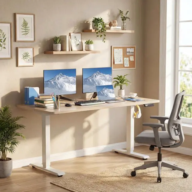 Alt view image 2 of 7 - Electric Standing Desk 48 x 24 Inches Adjustable Height Sit Stand Up Desk for Home Office Computer Workstation Memory Preset with Wheels, Oak
