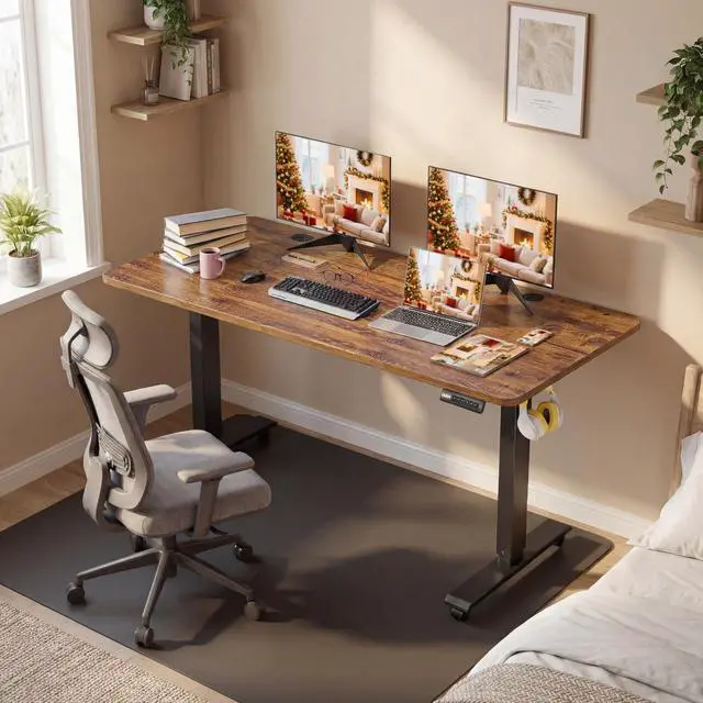 Alt view image 2 of 7 - Electric Standing Desk 55 x 24 Inches Adjustable Height Sit Stand Up Desk for Home Office Computer Workstation Memory Preset with Wheels, Brown