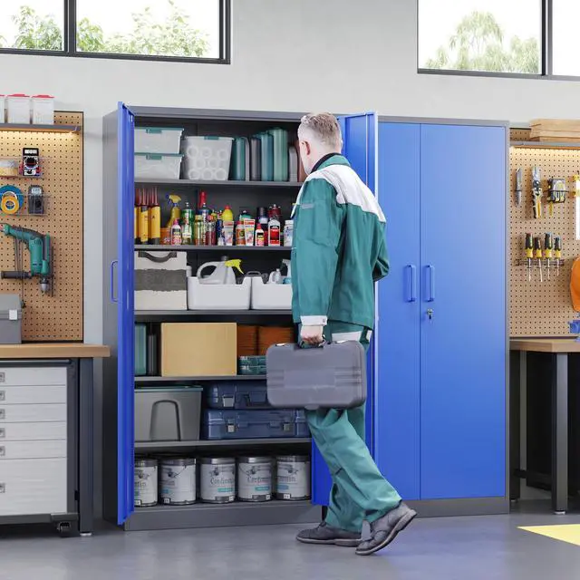 Alt view image 2 of 7 - Metal Garage Storage Cabinets with Lock Door and Adjustable Shelves, Steel Tool Cabinets for Home,Office,Warehouse Organisieren (Blue Gray)
