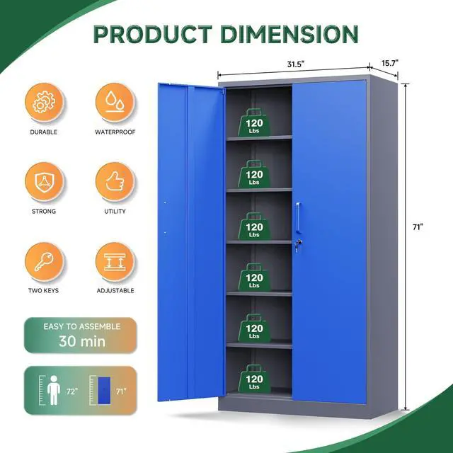 Alt view image 4 of 7 - Metal Garage Storage Cabinets with Lock Door and Adjustable Shelves, Steel Tool Cabinets for Home,Office,Warehouse Organisieren (Blue Gray)