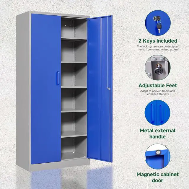 Alt view image 7 of 7 - Metal Garage Storage Cabinets with Lock Door and Adjustable Shelves, Steel Tool Cabinets for Home,Office,Warehouse Organisieren (Blue Gray)
