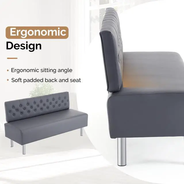 Alt view image 3 of 7 - Waiting Room Bench with Back, 58.6 Office Guest Chair Upholstered Reception Seating, Lobby Furniture for Beauty Salon Barbershop Airport Bank Hall Room Conference, Button Tufted, Gray